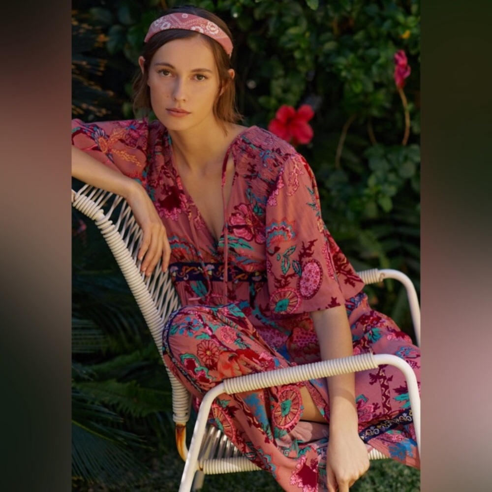 Anthropologie Ruffled Embroidered Maxi Dress Women Casual Printed Boho Cut Out M - Picture 4 of 15
